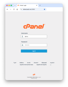 cPanel login screen with the username and password fields