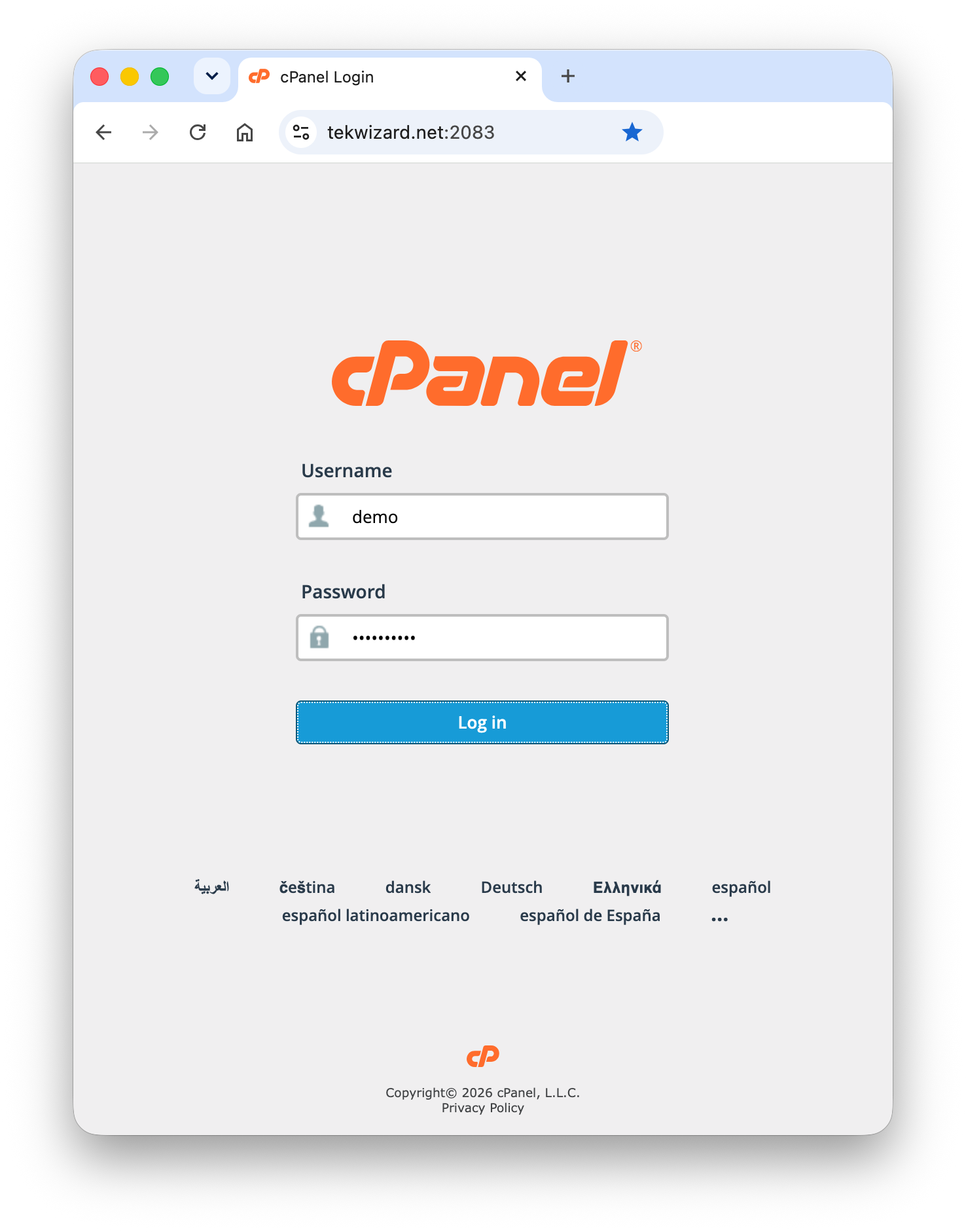 cPanel login screen with the username and password fields
